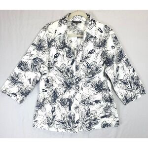 Lafayette 148 Floral Button Front Ruched Blouse 14W Black White Stretch Career